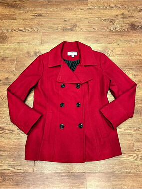 Anne Klein Pea Coat Red Wool Blend Women’s Size Large Like New